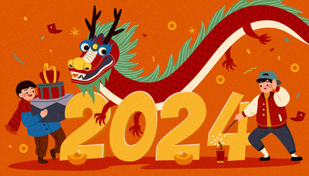 Dragon and kids celebrating CNY around 2024 on orange background with confetti and fortunes in the air.のイラスト素材