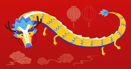 Cute yellow dragon, oriental cloud and lantern CNY elements isolated on red background.のイラスト素材