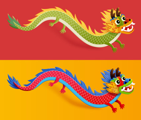 Green and red dragon element isolated separately on orange and red background.のイラスト素材