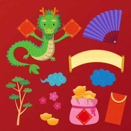 Flat style CNY elements isolated on bright red background. Including dragon and festive decorations.のイラスト素材