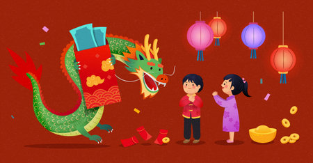 Dragon and greeting children element set isolated on dark red background.のイラスト素材
