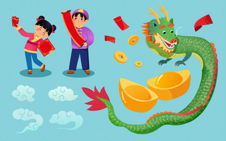 CNY Dragon, kids, red envelopes, clouds, gold ingots and coin isolated on light blue background.のイラスト素材