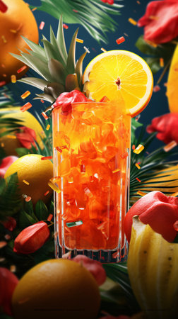 Refreshing drinks with fruit garnish on floating tropical fruits and confetti background. Created with Generative AI technologyの素材