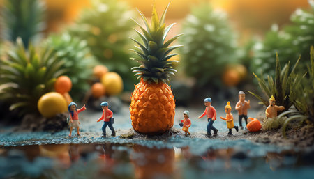 Miniature characters exploring wilderness by the water with bushes and pineapple. Created with Generative AI technologyの素材