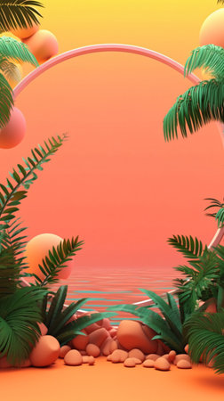 Pink translucent round board with ocean view. Surrounded by tropical foliage, fruits and rocks. Created with Generative AI technologyの素材