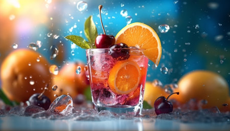 Refreshing summer drink with orange slices and cherries. Fresh fruit with water splash background. Created with Generative AI technologyの素材