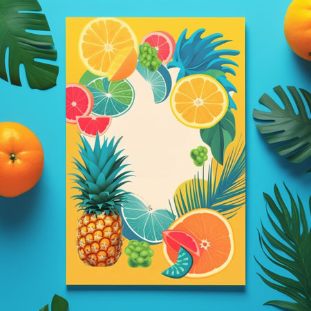 Tropical fruits frame board with copy space on blue background. Surrounded by oranges and leaves. Created with Generative AI technologyの素材