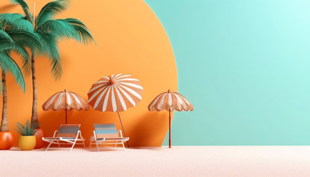 Relaxing beach scene with lounge chairs, parasol and tropical plants. Created with Generative AI technologyの素材