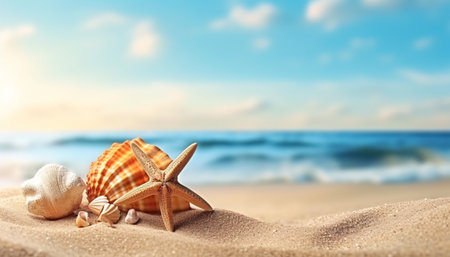 Starfish and seashells on the beach with waves reaching coastline. Created with Generative AI technologyの素材