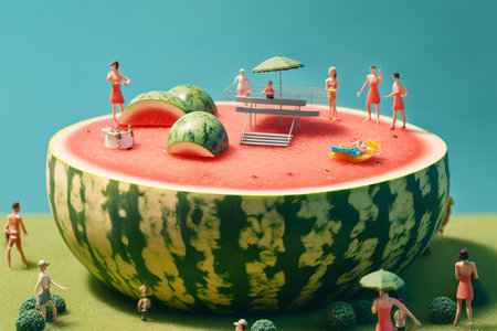 Miniature characters enjoying summer on cut open watermelon. Created with Generative AI technologyの素材