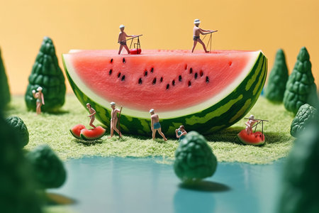 Miniature characters in swimwear having fun on watermelon slices. Nature environment by the lake. Created with Generative AI technologyの素材