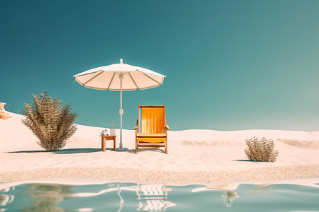 Wooden chair, parasol and tropical plants on the beach near by clear blue water. Created with Generative AI technologyの素材