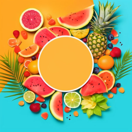 Round cutout with tropical plants and fruits on orange and blue background. Created with Generative AI technologyの素材
