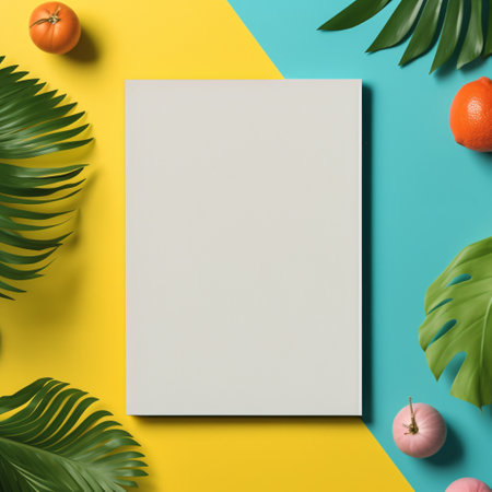 Empty board on yellow and light blue background with tropical fruits and foliage around. Created with Generative AI technologyの素材