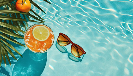 Refreshing summer drinks, sunglasses and tropical leaves beside a swimming pool. Created with Generative AI technologyの素材