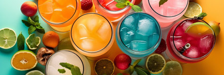 Colorful tropical drinks in glasses display on orange and blue table with fruit garnish. Created with Generative AI technologyの素材