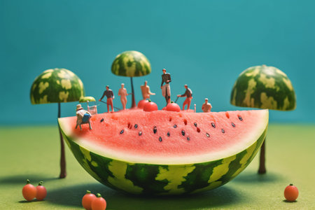 Miniature characters on watermelon slice. Created with Generative AI technologyの素材