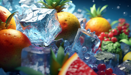 Refreshing summer fruit platter with tropical fruits and ice cubes. Created with Generative AI technologyの素材