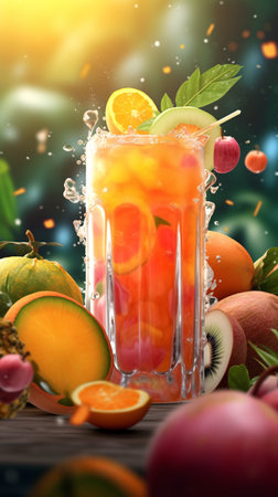 Refreshing drinks with fruit garnish and ice cube. Water splashing effect and tropical fruits background. Created with Generative AI technologyの素材