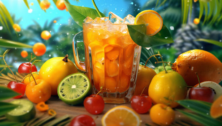 Refreshing drinks with fruit garnish and ice cube. Water splashing effect and tropical fruits background. Created with Generative AI technologyの素材