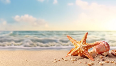 Starfish and seashells on the beach with waves reaching coastline. Created with Generative AI technologyの素材
