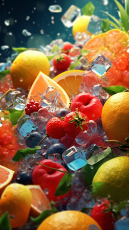 Fresh tropical fruit and ice cube on blue gradient background. Created with Generative AI technologyの素材