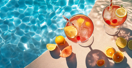Refreshing summer drinks and orange slices beside a swimming pool. Created with Generative AI technologyの素材