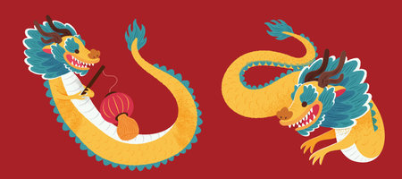 Playful CNY dragons isolated on red background. One with lantern, the other without.のイラスト素材