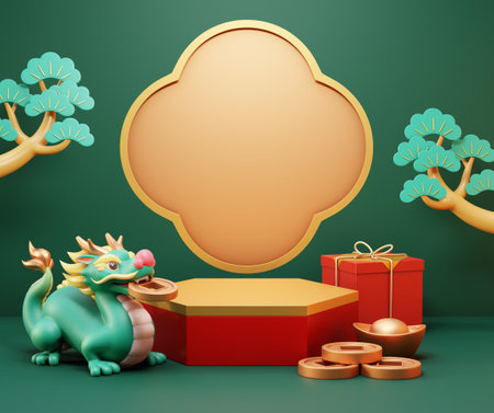 3D dragon, hexagon podium, pine tree, gift, and pile of gold on green background.の写真素材