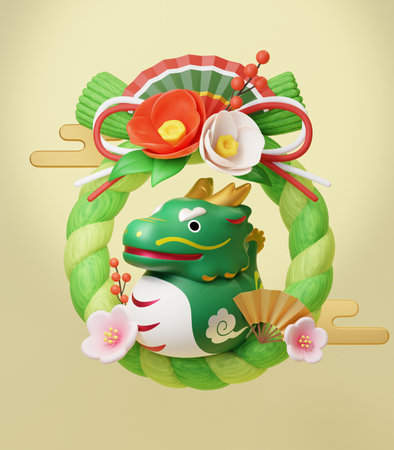 3D cute dragon figurine on Japanese shimenawa on light green background.の写真素材