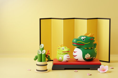 3D dragon figurines on red and black podium with Japanese decors on light yellow backgroundの写真素材