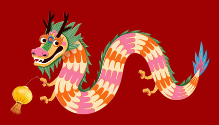 CNY playful retro pattern dragon with Chinese lantern on vibrant red background.のイラスト素材