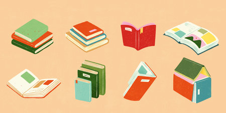 Retro style books elements isolated on light orange background.のイラスト素材