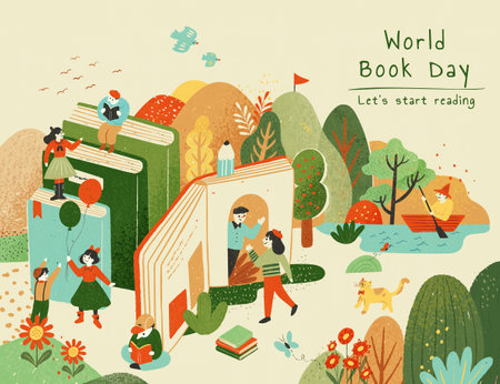 World book day illustration with cute miniature people and books on serene forest background.のイラスト素材