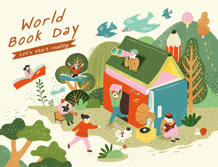 World book day poster with adorable people wandering around house made of book in the forest.のイラスト素材