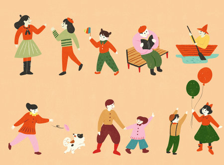 Cute people enjoy daily outdoor activities isolated on light orange background.のイラスト素材