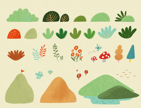 Hand drawn style foliage, flowers and mountains natural elements isolated on beige background.のイラスト素材