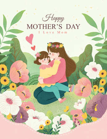 Happy mother's day poster. Mom and daughter in a garden surrounded by beautiful plants.のイラスト素材
