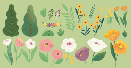 Hand drawn style floral element set isolated on light green background.のイラスト素材