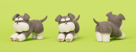 3D Schnauzer puppy stretching in different angles on light green background.の写真素材