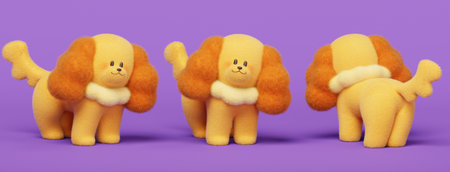 3D Cocker spaniel puppy standing in different angles on purple backgroundの写真素材