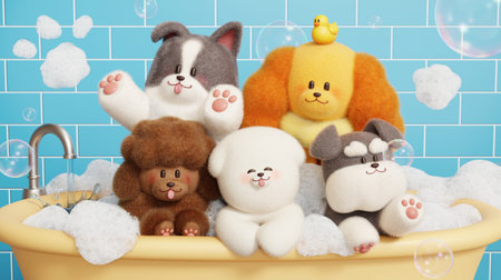 3D puppies taking a bubble bath together in light blue tile bathroom. Suitable for pet grooming.の写真素材