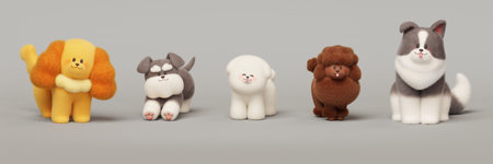 3D cute puppies sitting in front view isolated on light gray background.の写真素材
