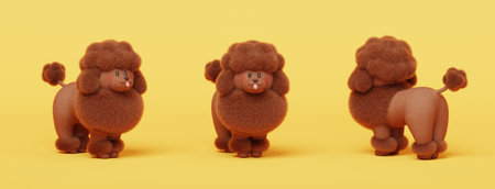 3D Elegant toy poodle puppy standing in different angles on yellow background.の写真素材