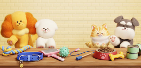3D Cute dogs and a cat waiting at the wooden table with pet products.の写真素材