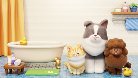 3D Cute dogs and a cat waiting for shower time in the bathroomの写真素材