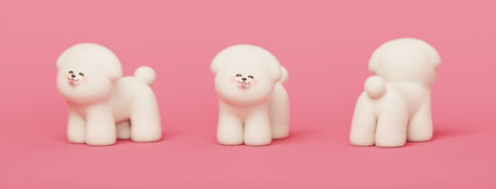 3D puffy bichon frise puppy standing in different angles on pink backgroundの写真素材