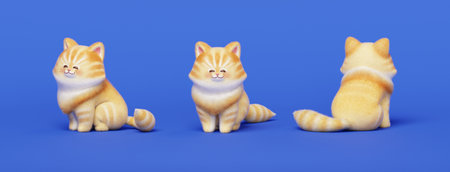 3D Cute tabby cat sitting in different angles on blue backgroundの写真素材