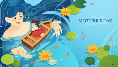 Whimsical Mothers Day card. Mother in the river guiding confused daughter on a boat.のイラスト素材