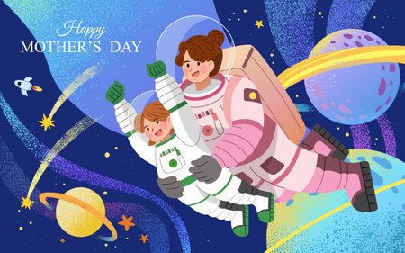 Galactic Mothers Day card. Astronaut mom and daughter having an adventure through cosmos.のイラスト素材
